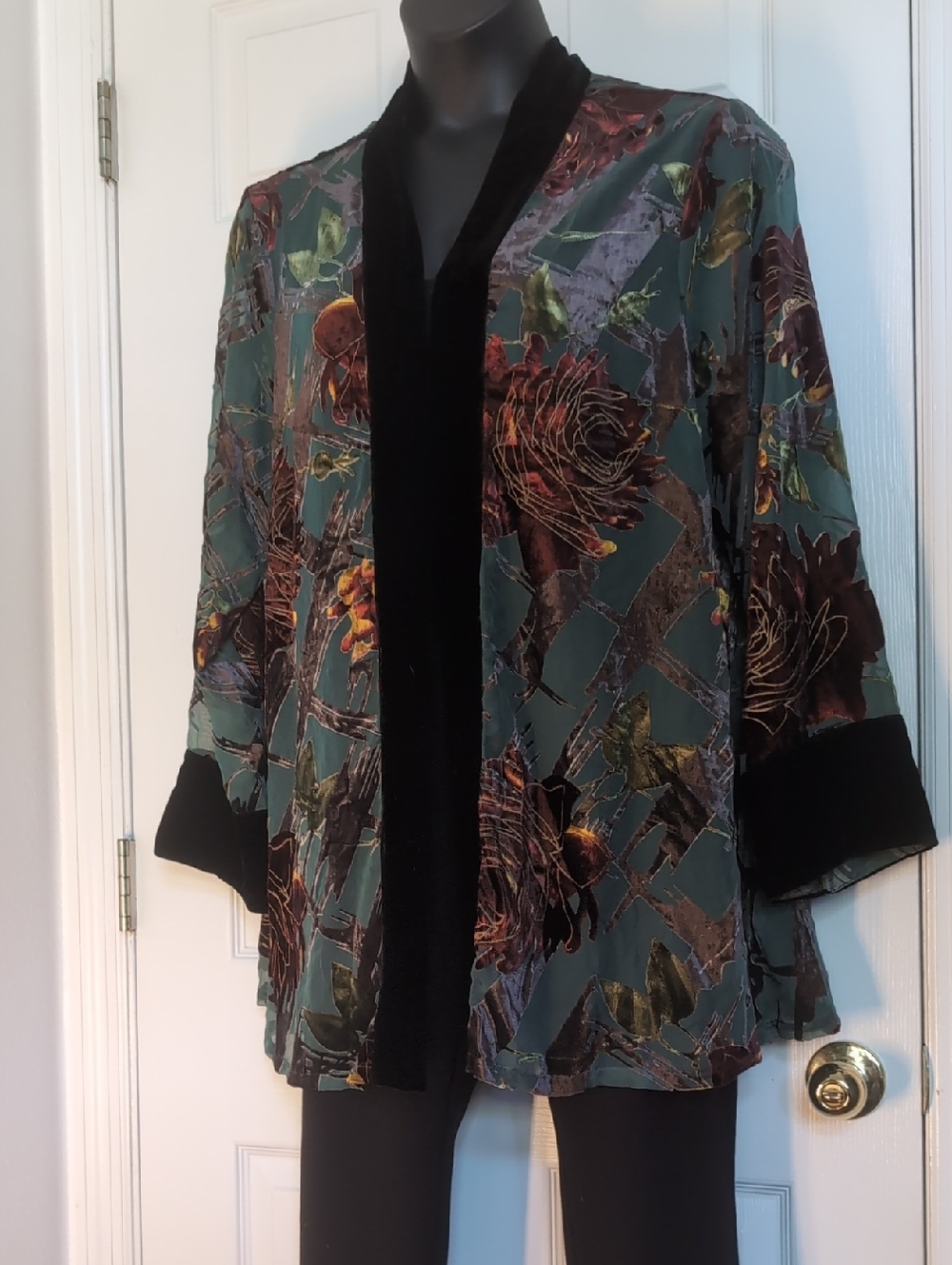 Coldwater Creek Teal Floral Open Jacket with Black Velvet Trim